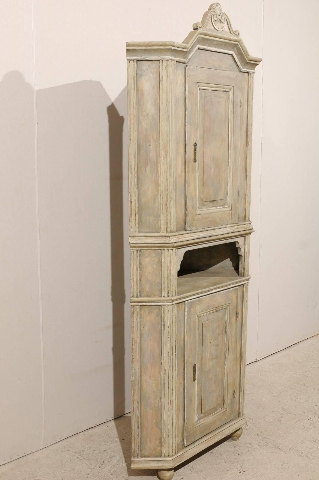 Wood Swedish Early 19th C. Painted 2-Door Corner Cabinet with Carved Pediment Bonnet