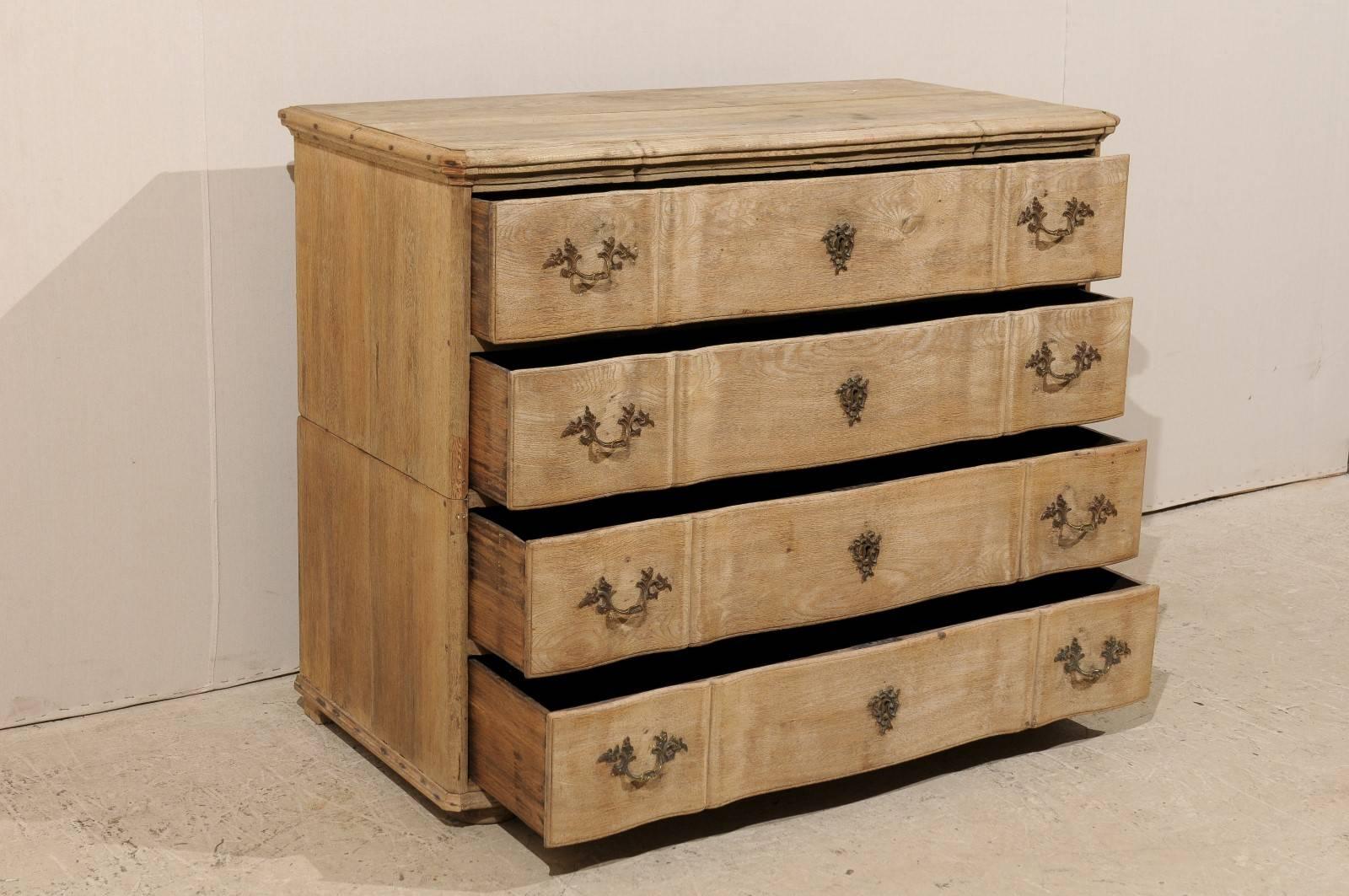 Bleached Dutch Mid-19th Century Chest with Four Drawers Featuring Rococo Style Hardware