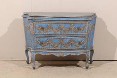 Exquisite Italian Rococo Style Blue Chest with Floral Swag Carvings