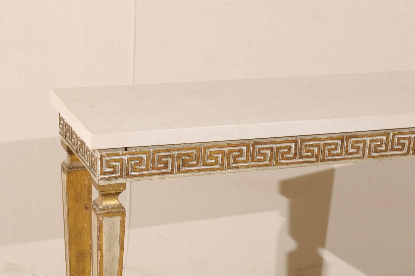 Italian Vintage Greek Key Console Table with Marble Top and Fluted Legs In Good Condition In Atlanta, GA