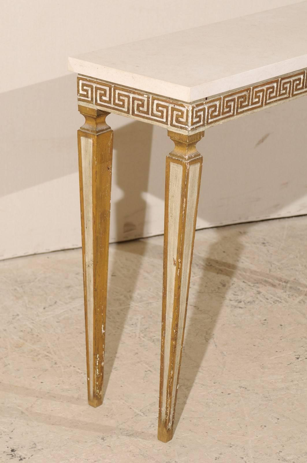 Italian Vintage Greek Key Console Table with Marble Top and Fluted Legs 1