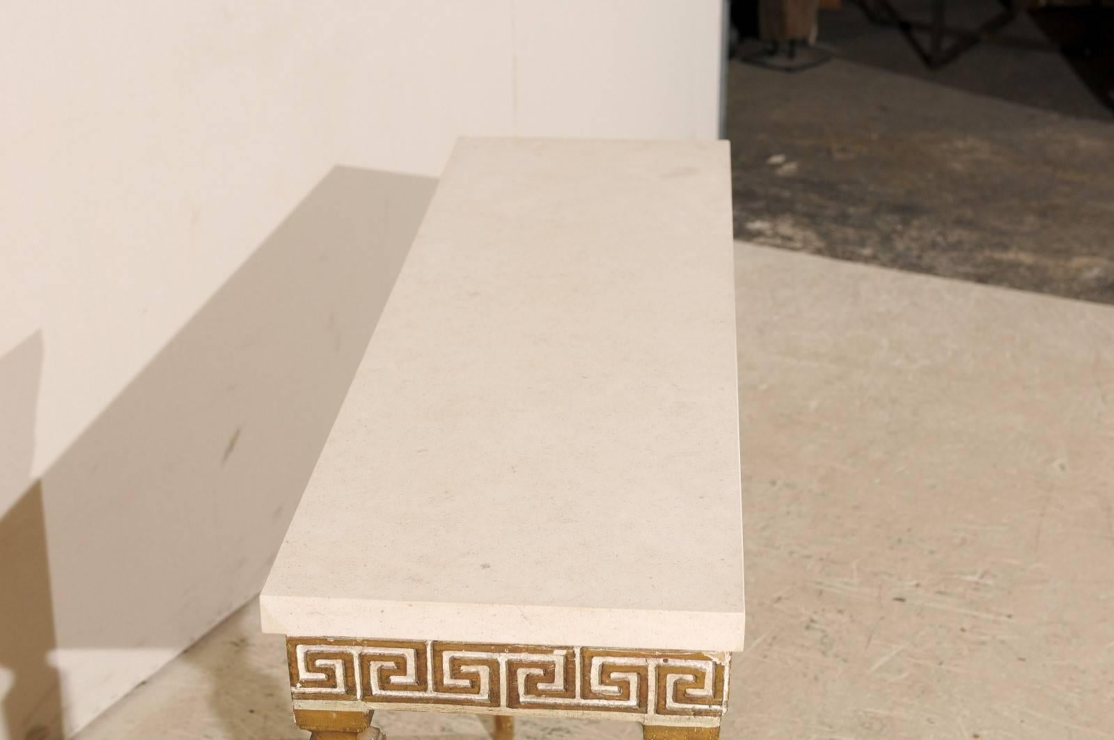 Carved Italian Vintage Greek Key Console Table with Marble Top and Fluted Legs