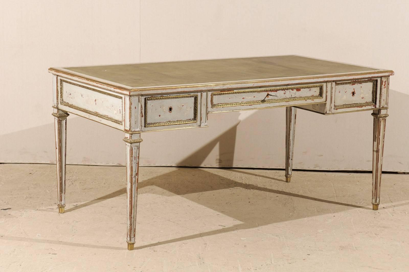 Louis XVI French Painted Desk with Leather Top, Three Drawers and Tapered Legs