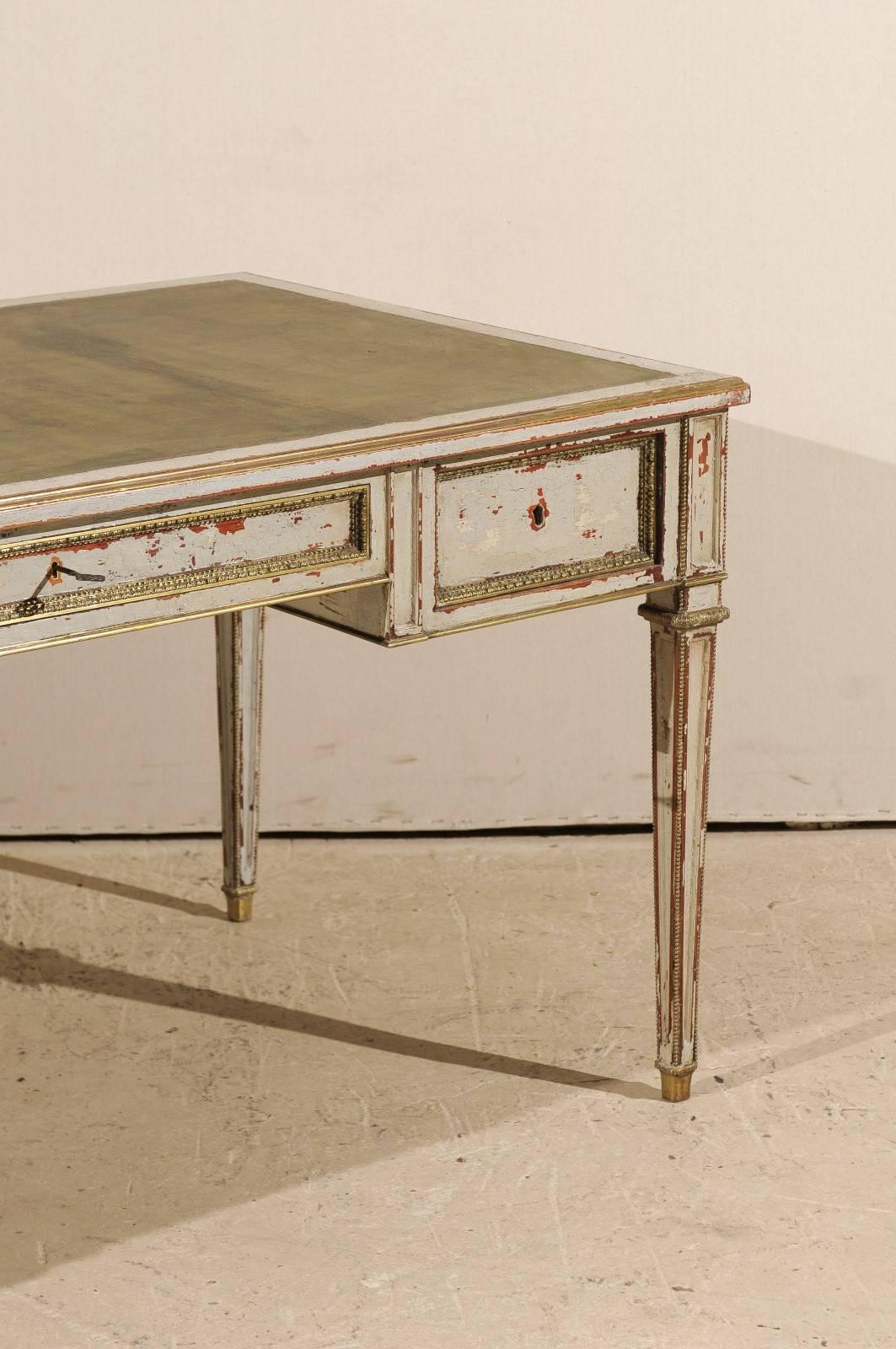 20th Century French Painted Desk with Leather Top, Three Drawers and Tapered Legs