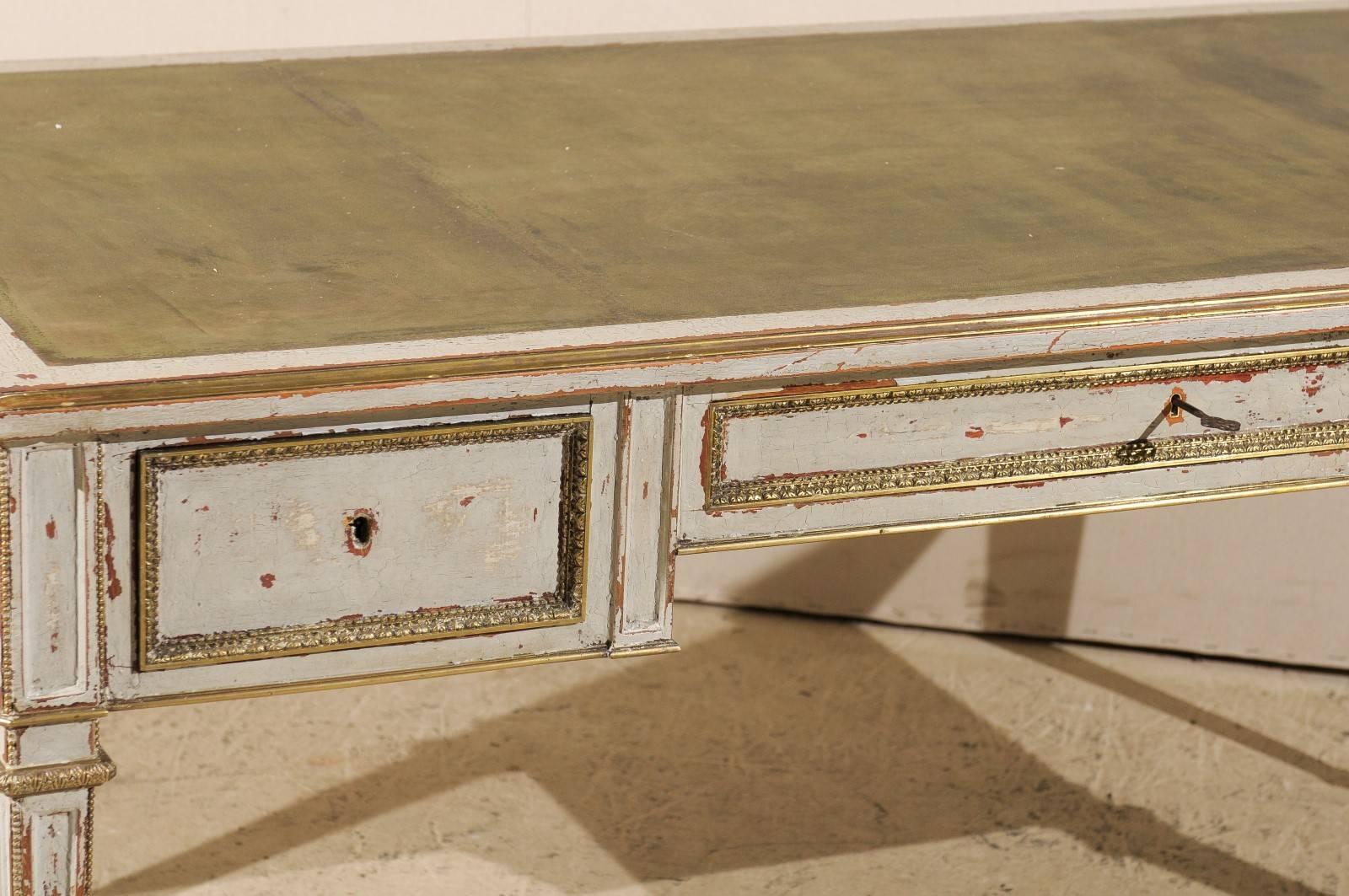 French Painted Desk with Leather Top, Three Drawers and Tapered Legs 1