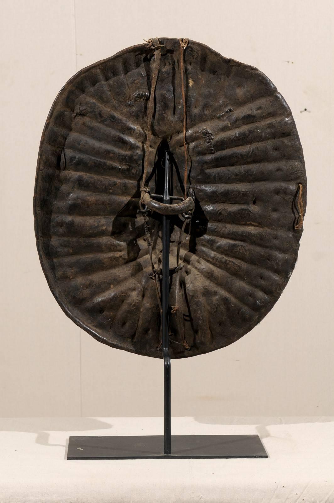 Hammered Ethiopian Leather Shield on Custom Metal Stand from the Early 20th Century
