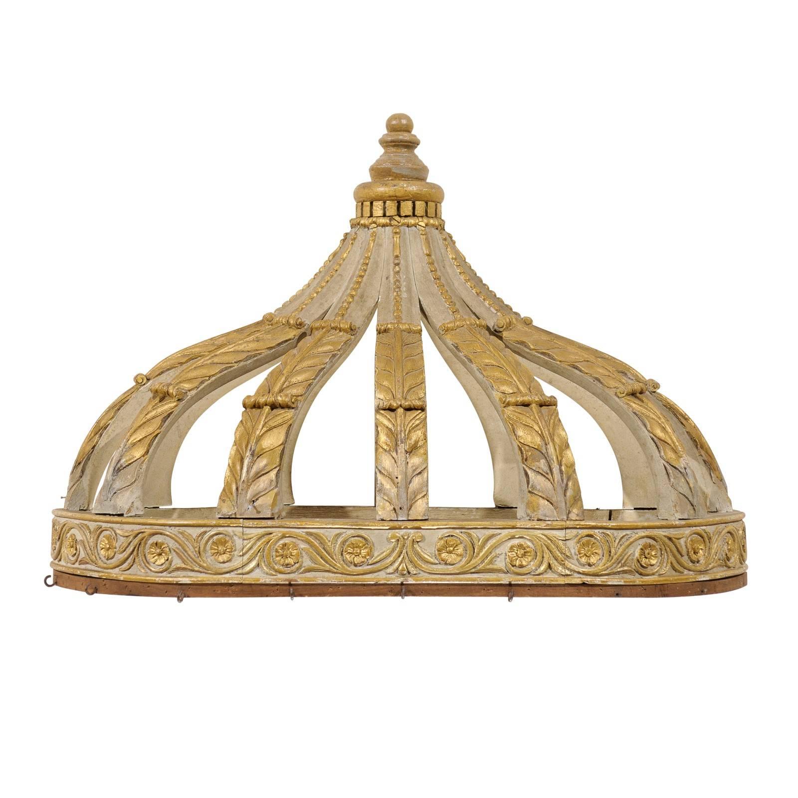 Italian Bed Corona or Bed Crown with Gilt Accents and Carved Rinceaux Frieze