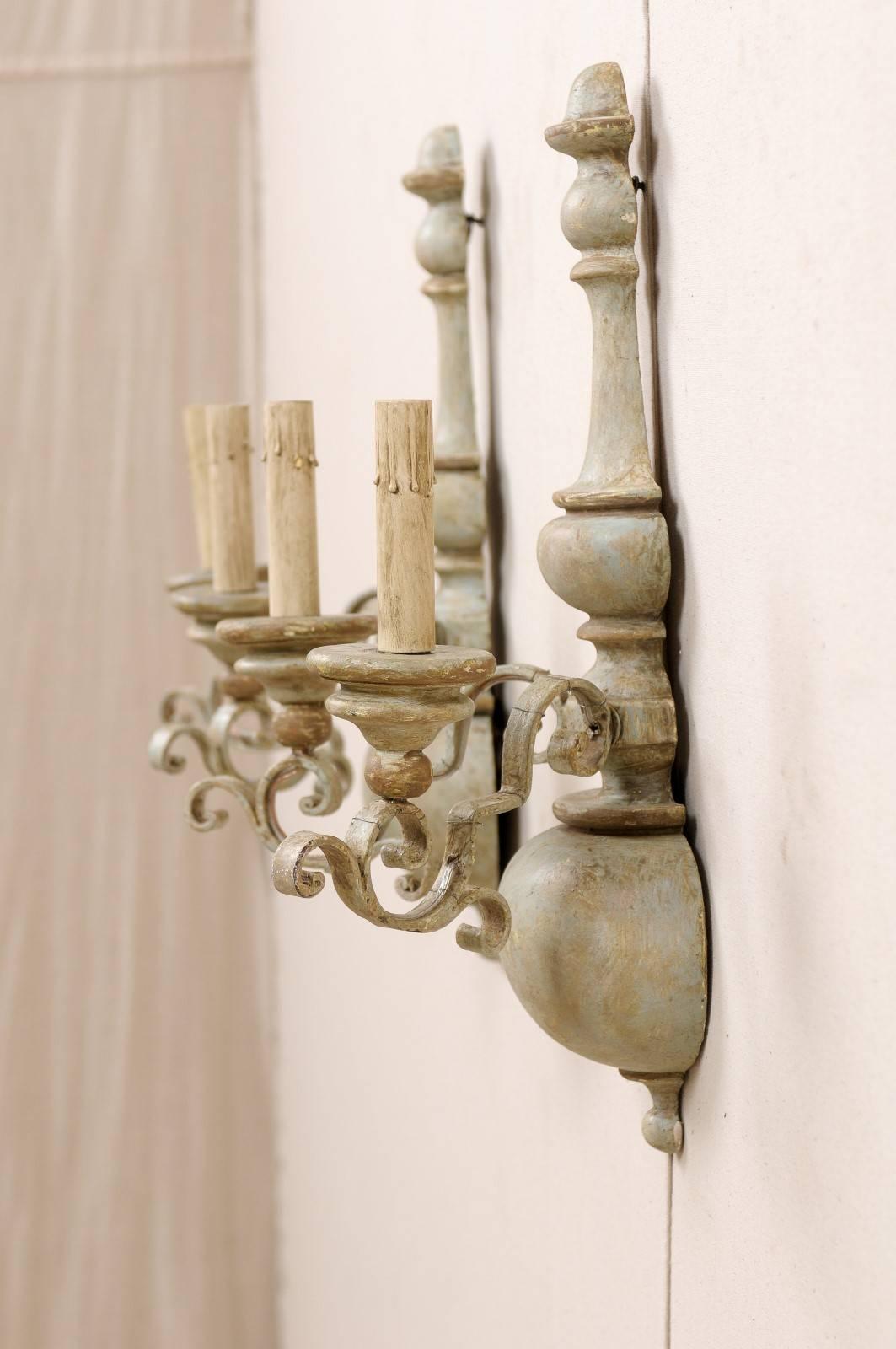 20th Century Pair of Painted Metal and Turned Wood Two-Light Sconces with Ornate Scroll Arms