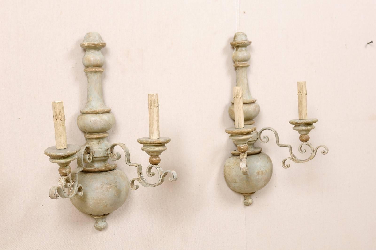 Italian Pair of Painted Metal and Turned Wood Two-Light Sconces with Ornate Scroll Arms