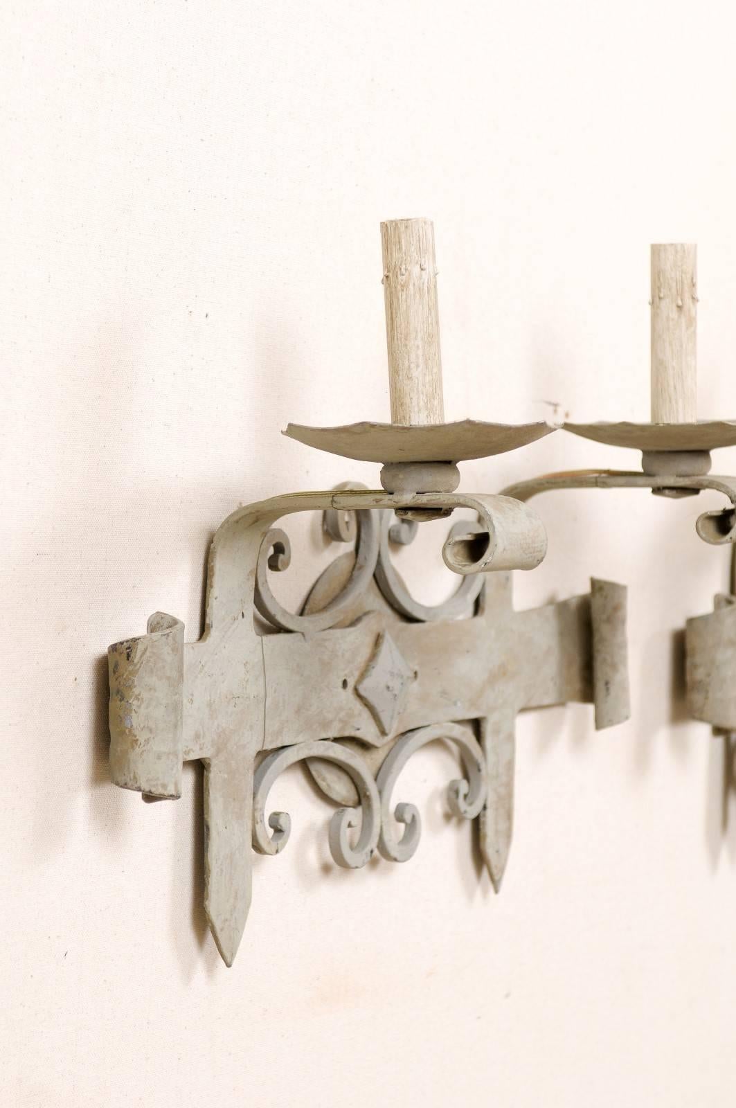 20th Century Pair of French Iron Sconces, Soft Blue-Grey Color with Hammered Metal For Sale