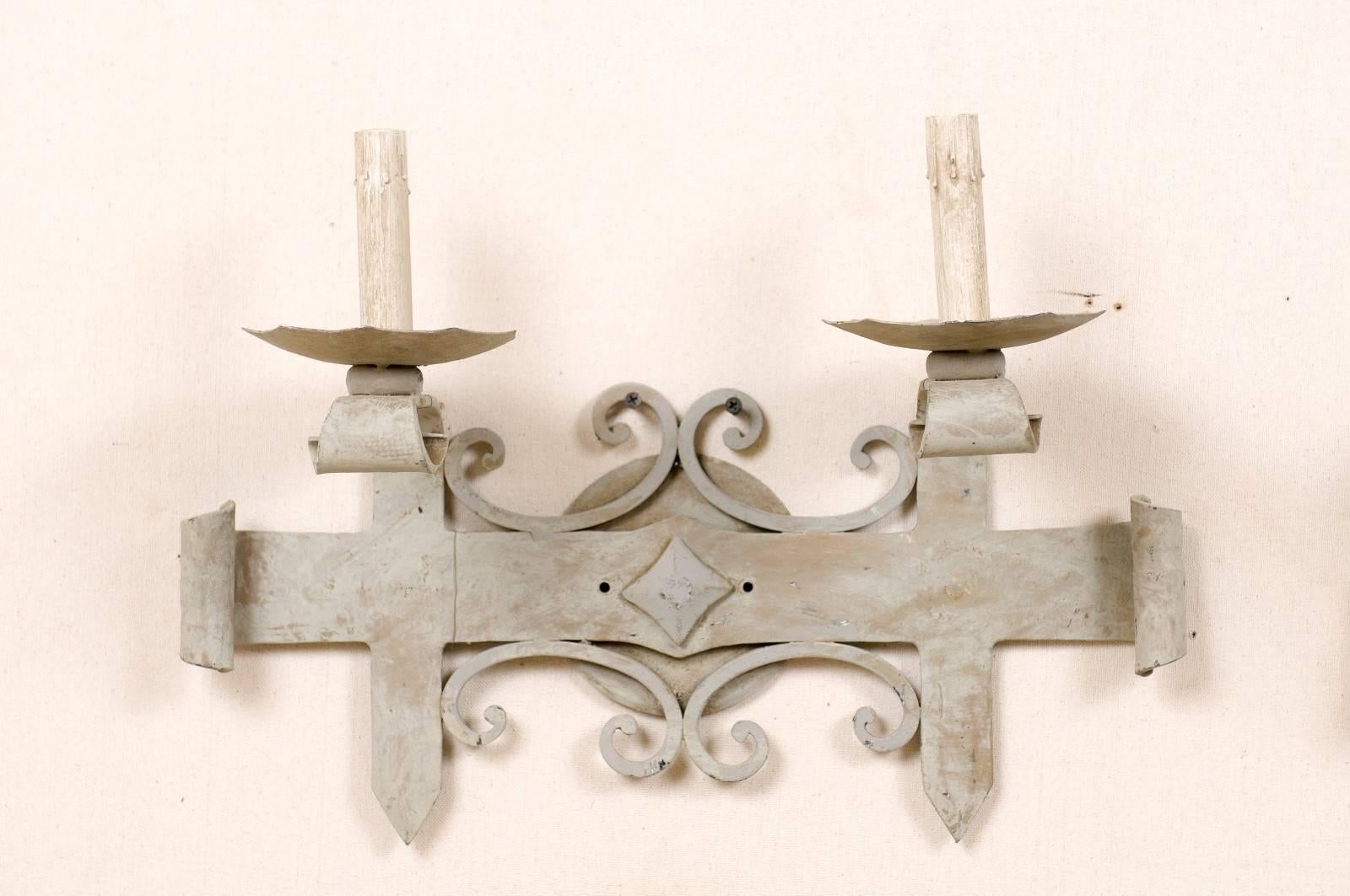Pair of French Iron Sconces, Soft Blue-Grey Color with Hammered Metal In Good Condition For Sale In Atlanta, GA