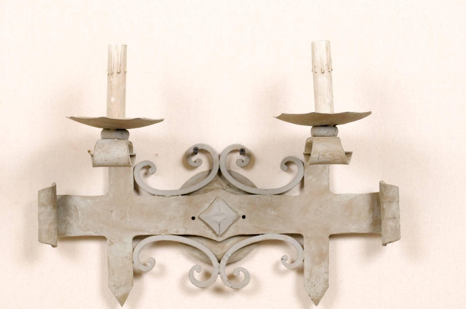 Mid-Century Modern Pair of French Iron Sconces, Soft Blue-Grey Color with Hammered Metal For Sale
