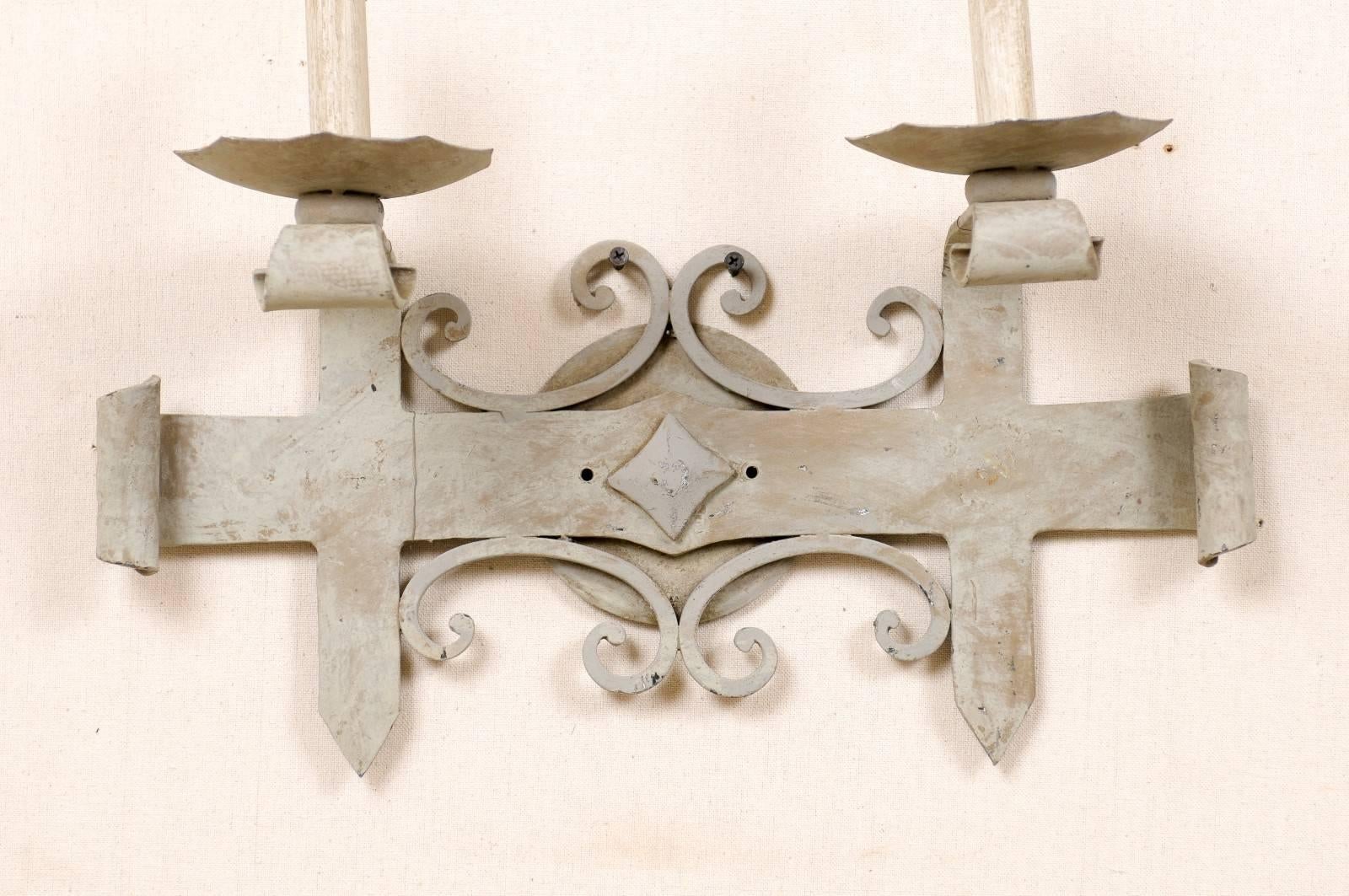 Pair of French Iron Sconces, Soft Blue-Grey Color with Hammered Metal For Sale 3