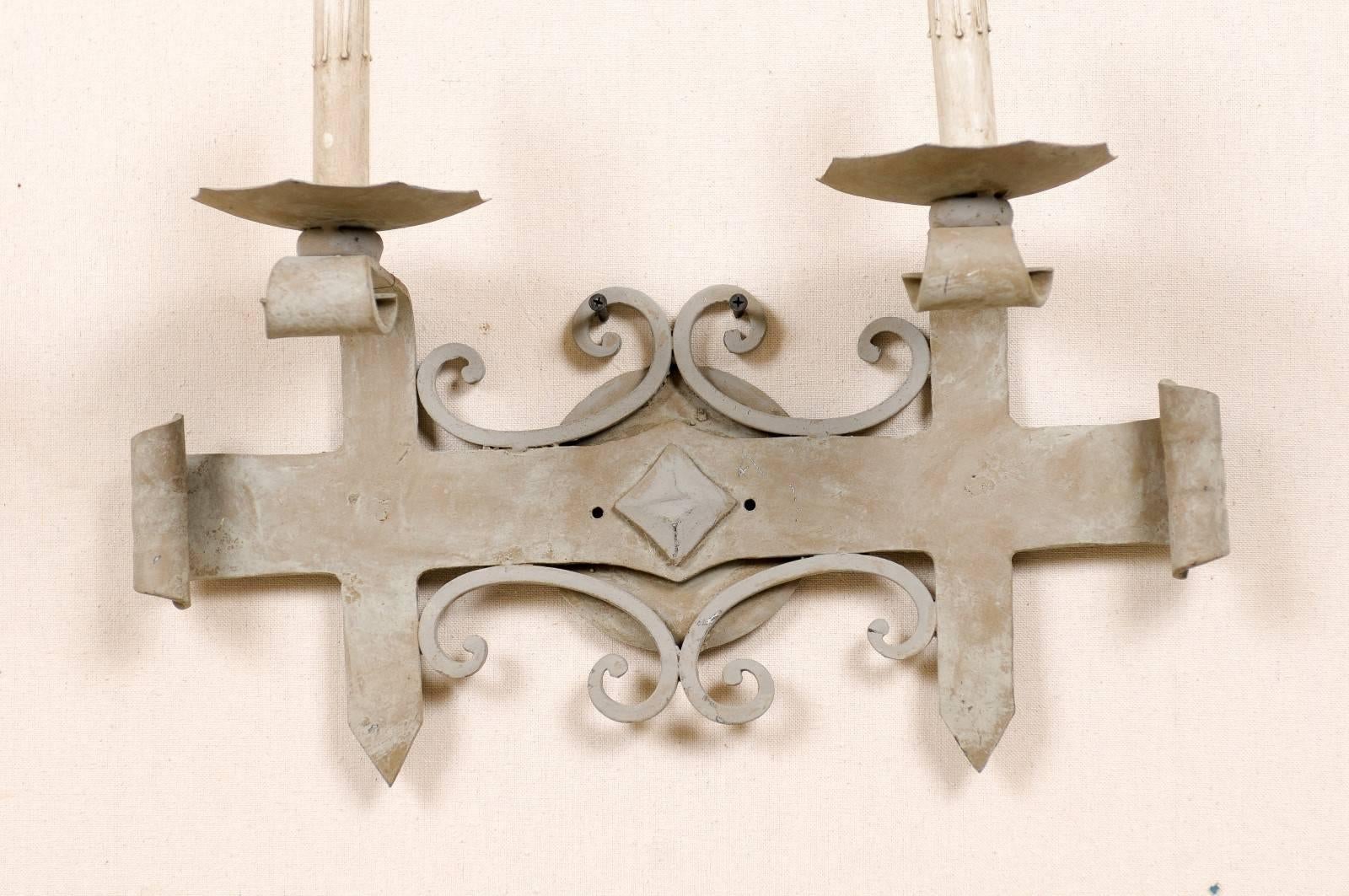 Pair of French Iron Sconces, Soft Blue-Grey Color with Hammered Metal For Sale 4
