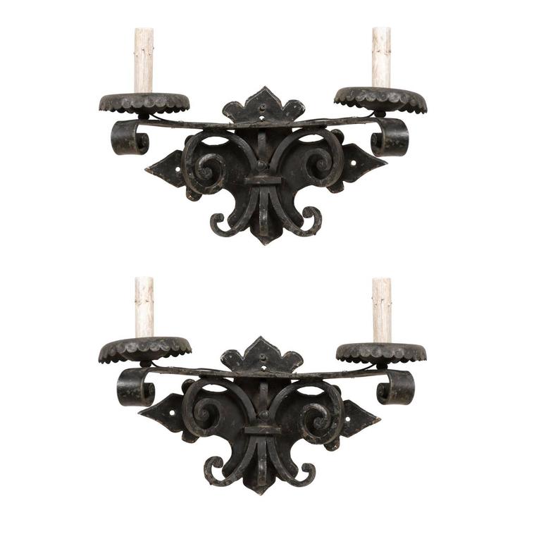 Pair of Spanish Black Iron TwoLight Sconces with Metal Bobèches