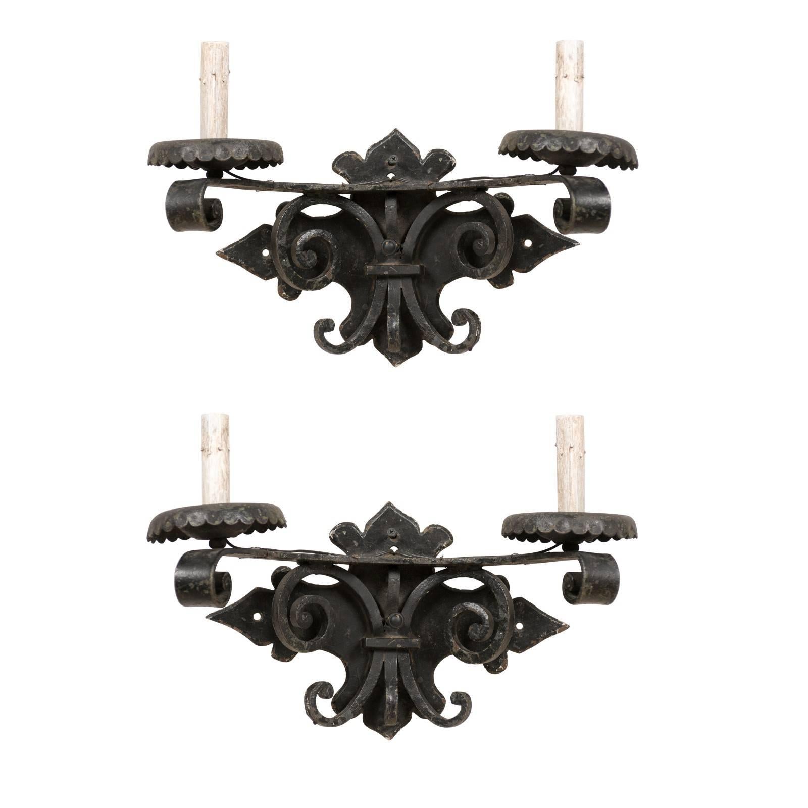 Pair of Spanish Black Forged Iron Two-Light Sconces with Metal Bobèches For Sale