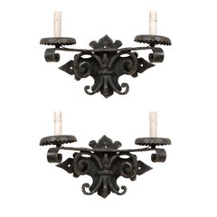 Vintage Pair of Spanish Black Forged Iron Two-Light Sconces with Metal Bobèches