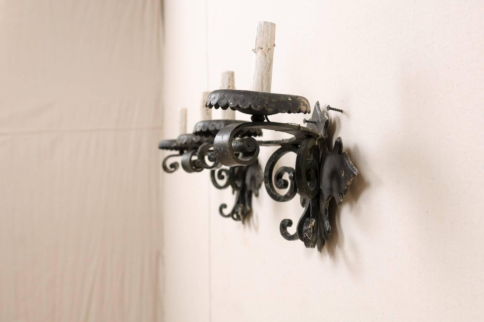 20th Century Pair of Spanish Black Forged Iron Two-Light Sconces with Metal Bobèches For Sale