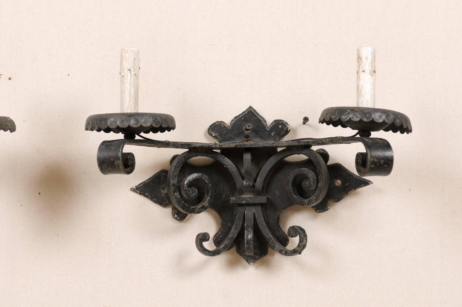 Pair of Spanish Black Forged Iron Two-Light Sconces with Metal Bobèches For Sale 2