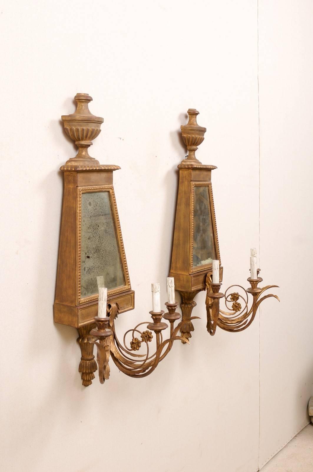 Painted Pair of Italian Mirrored Sconces Made of Wood and Metal in Gold/Bronze Color