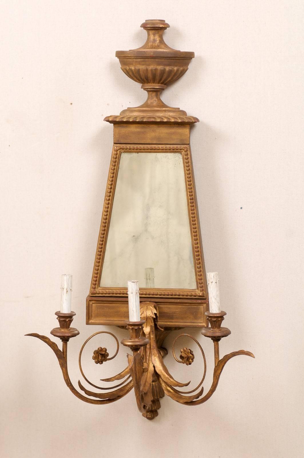 20th Century Pair of Italian Mirrored Sconces Made of Wood and Metal in Gold/Bronze Color