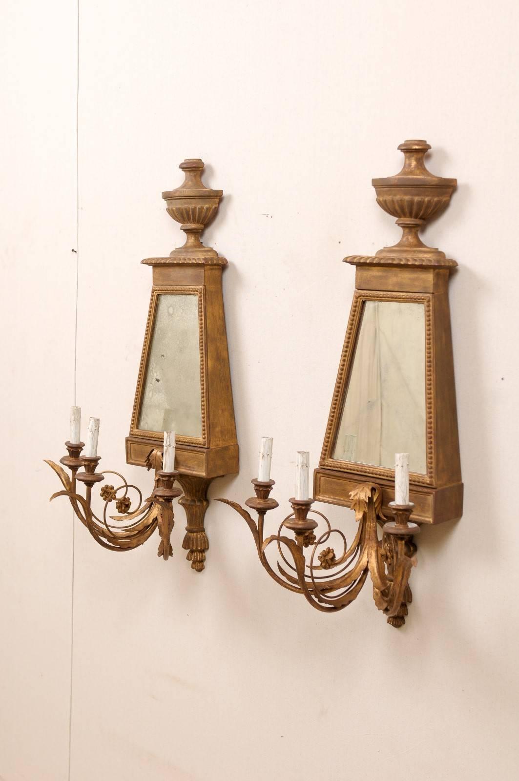 Pair of Italian Mirrored Sconces Made of Wood and Metal in Gold/Bronze Color In Good Condition In Atlanta, GA