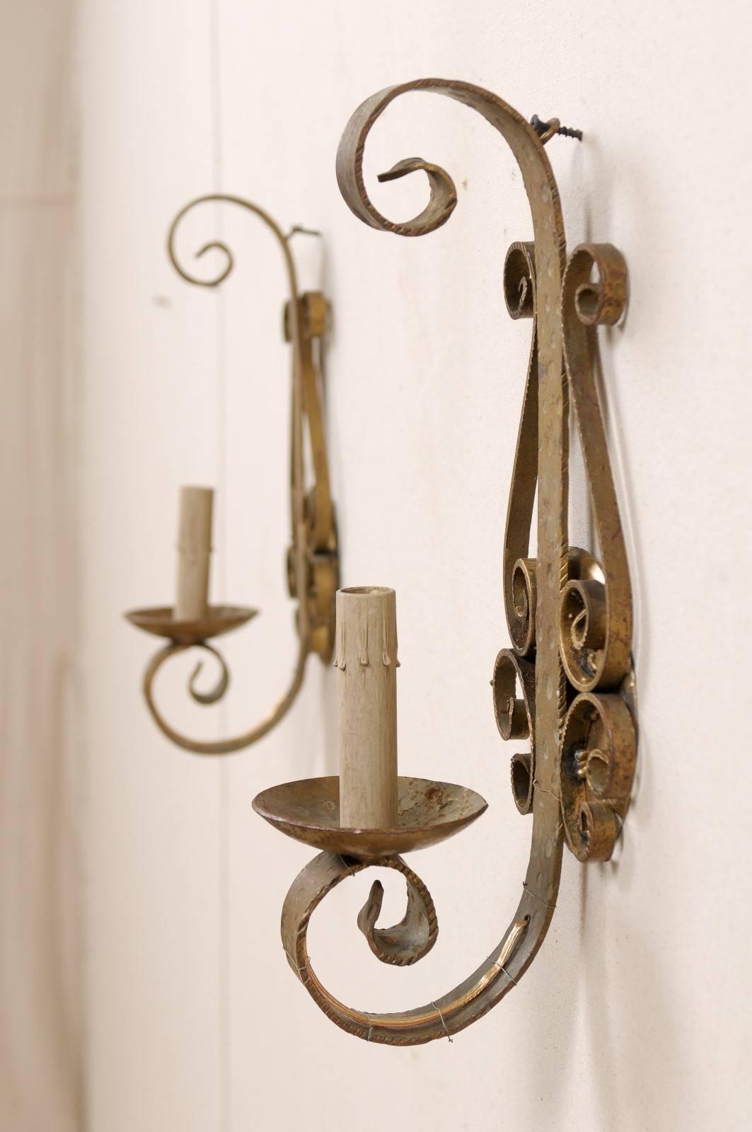 20th Century Pair of Spanish Forged Iron Gold Painted Wall Sconces with Single Light