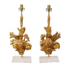 Pair of Gilded Wood Italian Fragment Table Lamps with Floral and Fruit Carvings