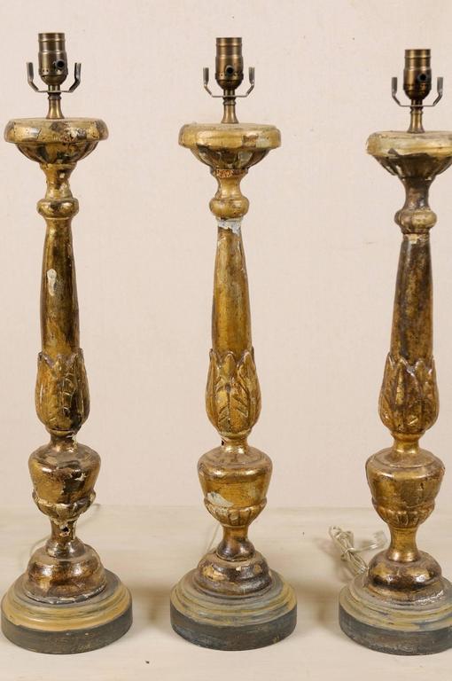Italian Gilded And Carved Wood Table Lamp With Nice Aging