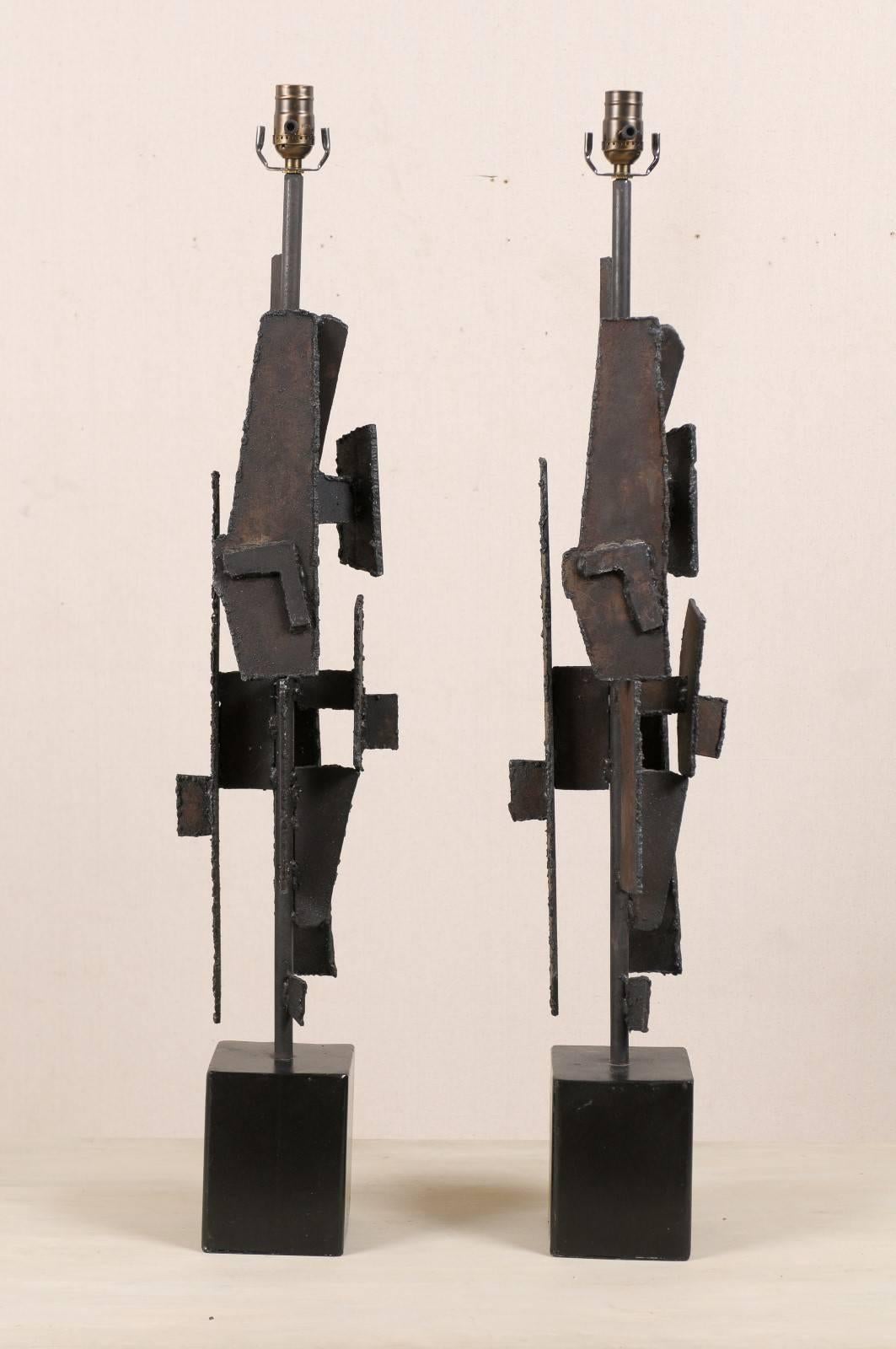 Forged Pair of Harry Balmer Modern Style Table Lamps from the Brutalist Movement