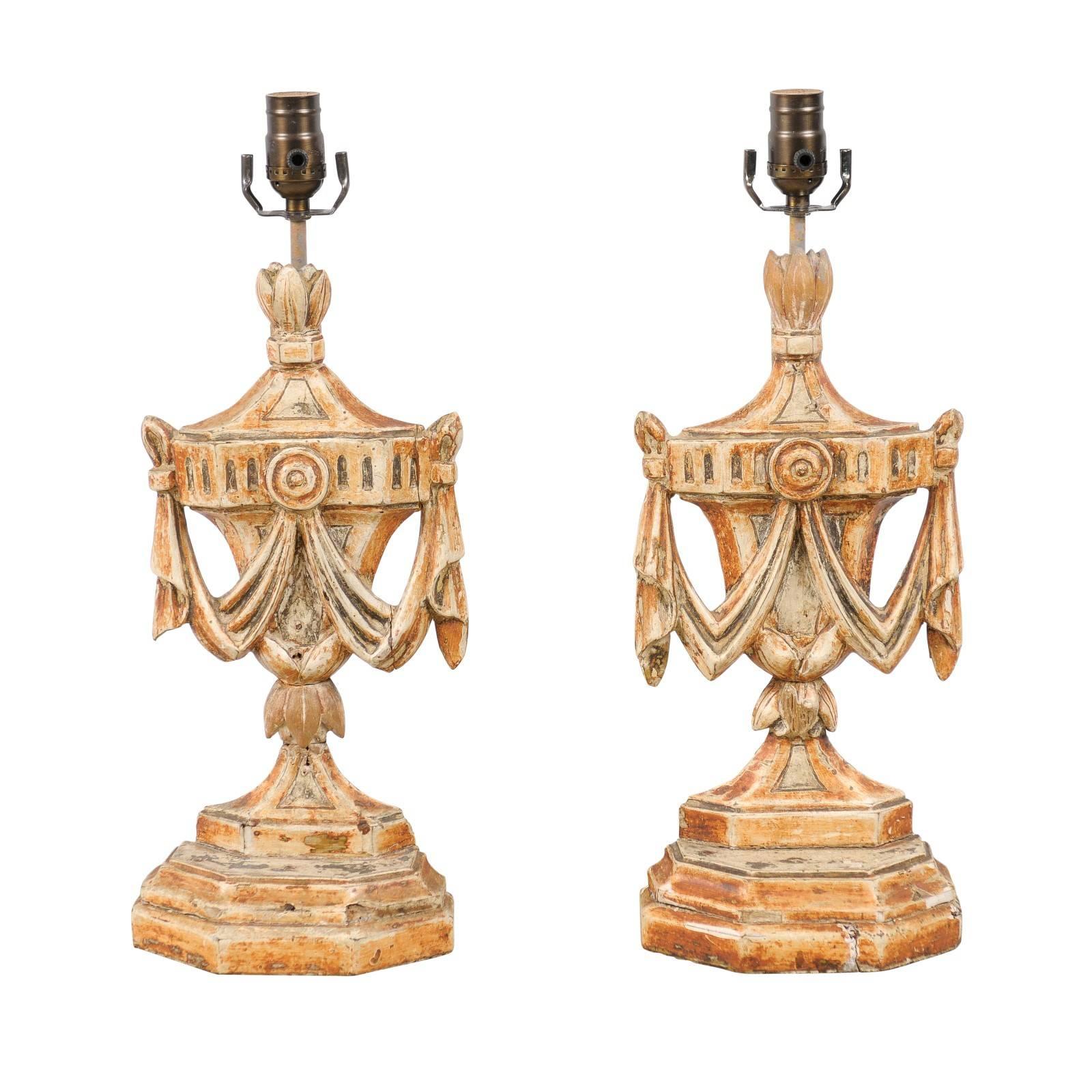 Pair of Italian Table Lamps, Painted and Carved, Featuring Urn and Swag Carvings For Sale