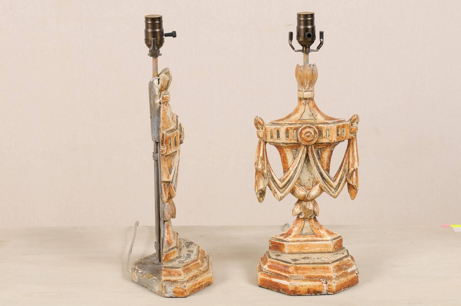 20th Century Pair of Italian Table Lamps, Painted and Carved, Featuring Urn and Swag Carvings For Sale