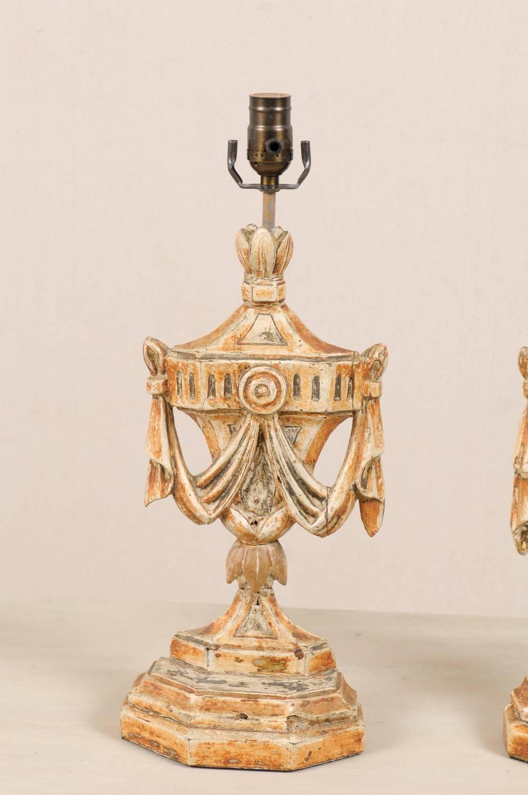 Wood Pair of Italian Table Lamps, Painted and Carved, Featuring Urn and Swag Carvings For Sale