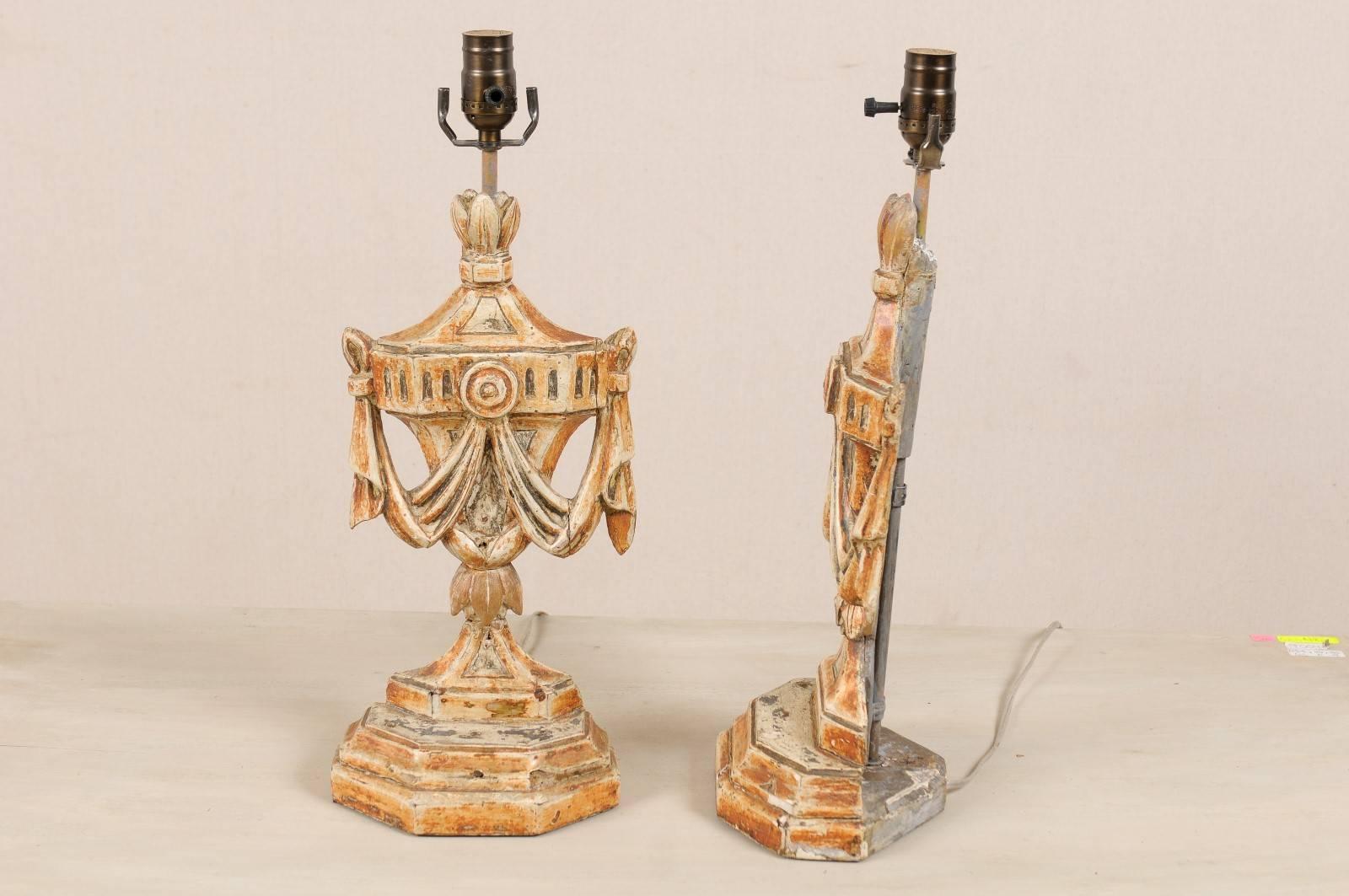 Pair of Italian Table Lamps, Painted and Carved, Featuring Urn and Swag Carvings In Good Condition For Sale In Atlanta, GA