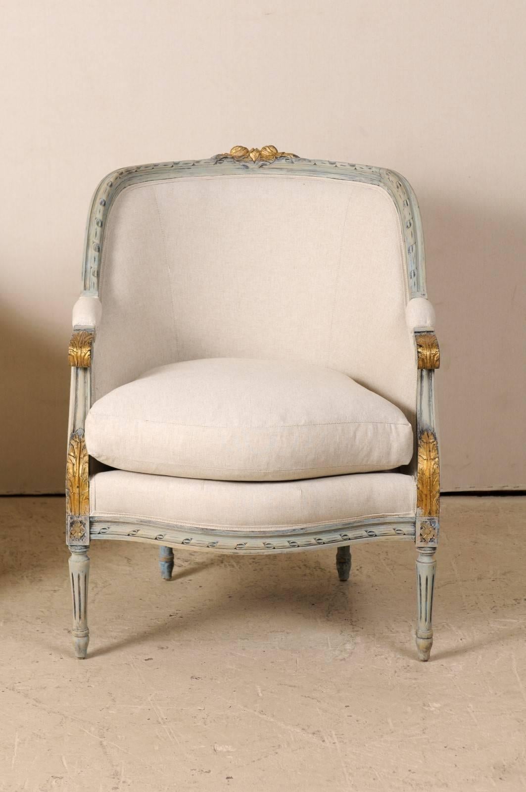 Pair of French Louis XVI Style Occasional Barrelback Bergères Chairs In Good Condition In Atlanta, GA