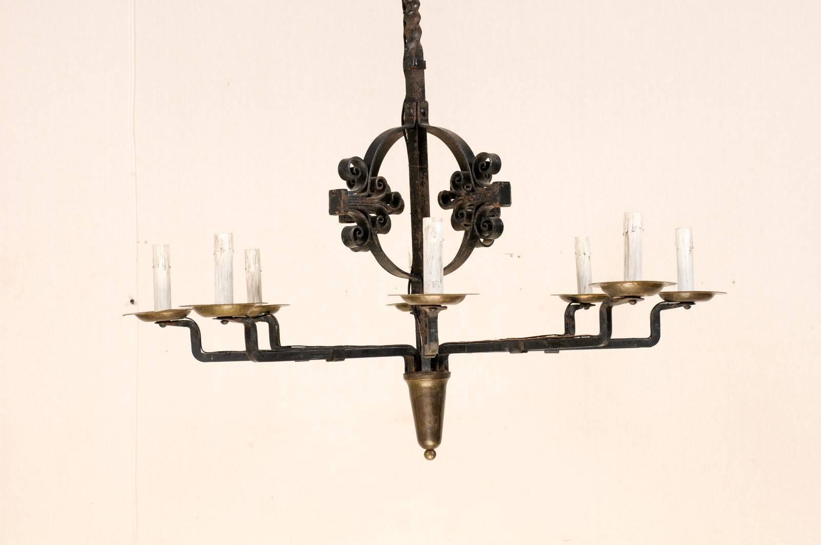 Mid-Century Modern Italian Eight-Light Wrought Iron Chandelier in Black and Dark Gold Color