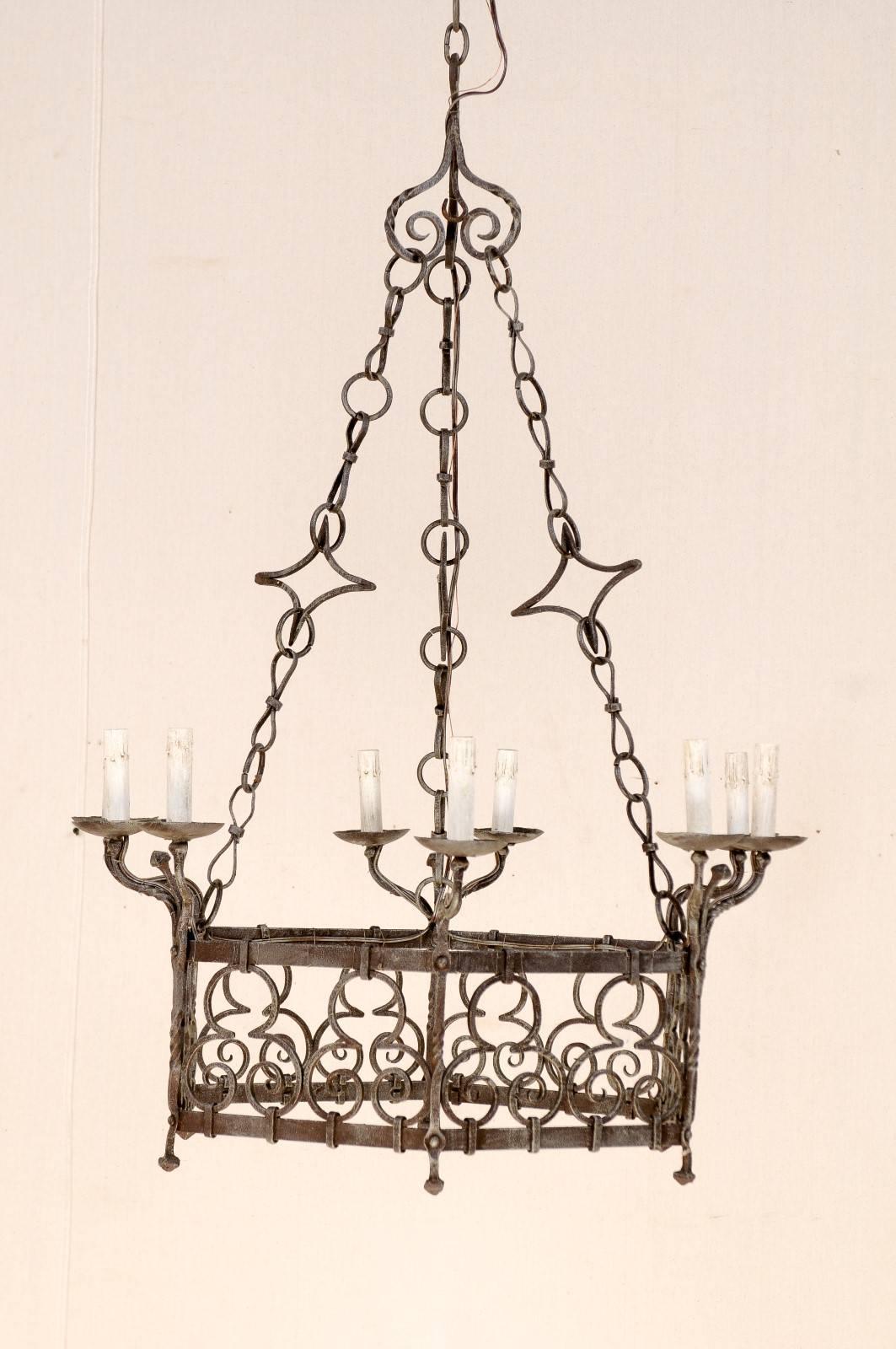 A Beautiful French Gothic Style Nine Light Vintage Iron Chandelier, Rewired In Good Condition In Atlanta, GA