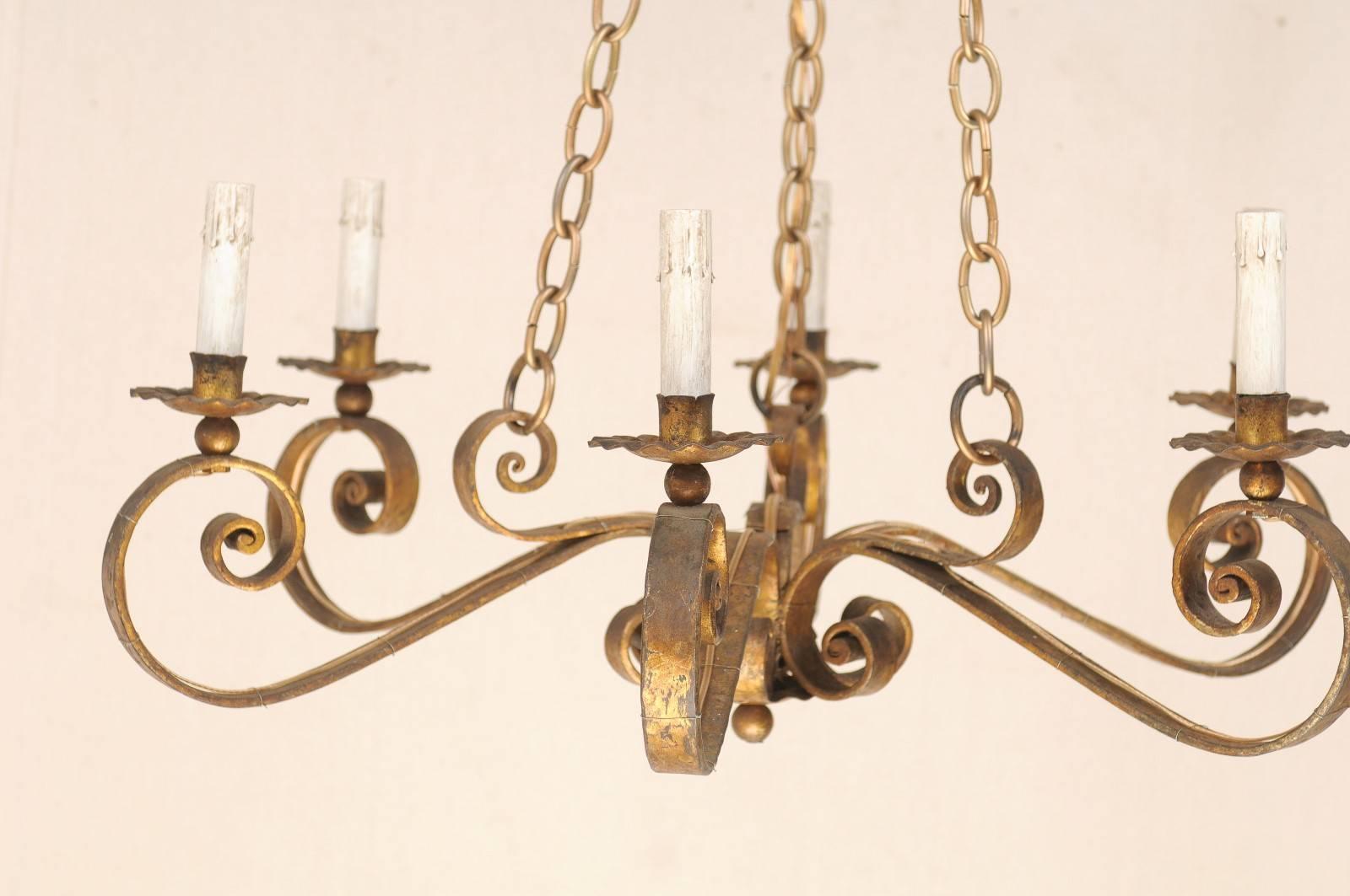 Spanish Gilded Iron 19th Century Six-Light Chandelier with Scroll Arms In Good Condition In Atlanta, GA
