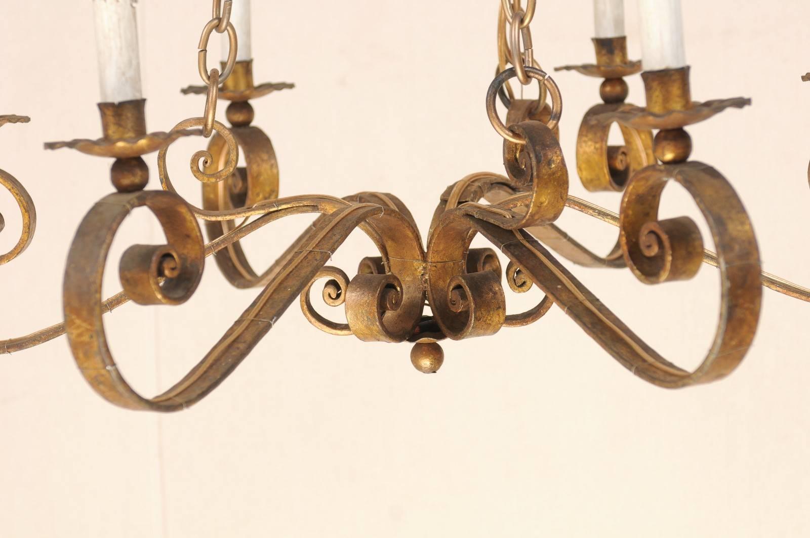 Gilt Spanish Gilded Iron 19th Century Six-Light Chandelier with Scroll Arms