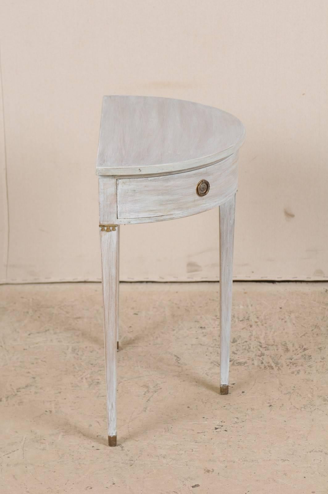 20th Century Swedish Pale Blue Painted Demilune Table with Two Drawers & Three Tapered Legs
