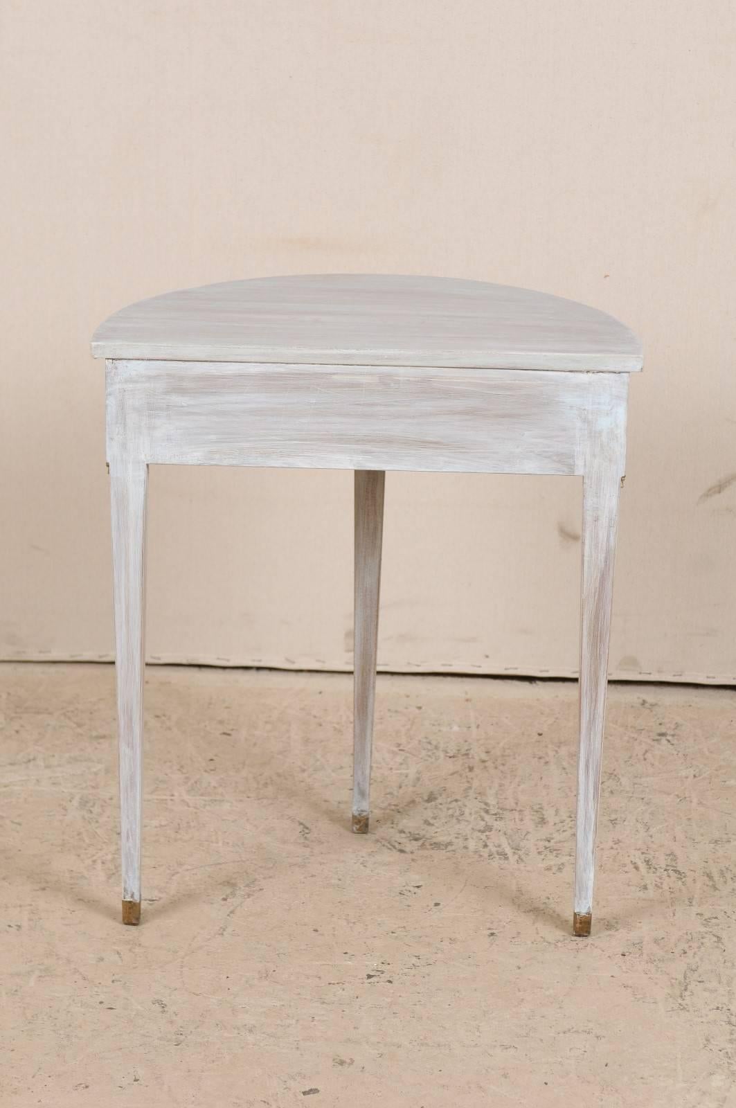 Wood Swedish Pale Blue Painted Demilune Table with Two Drawers & Three Tapered Legs