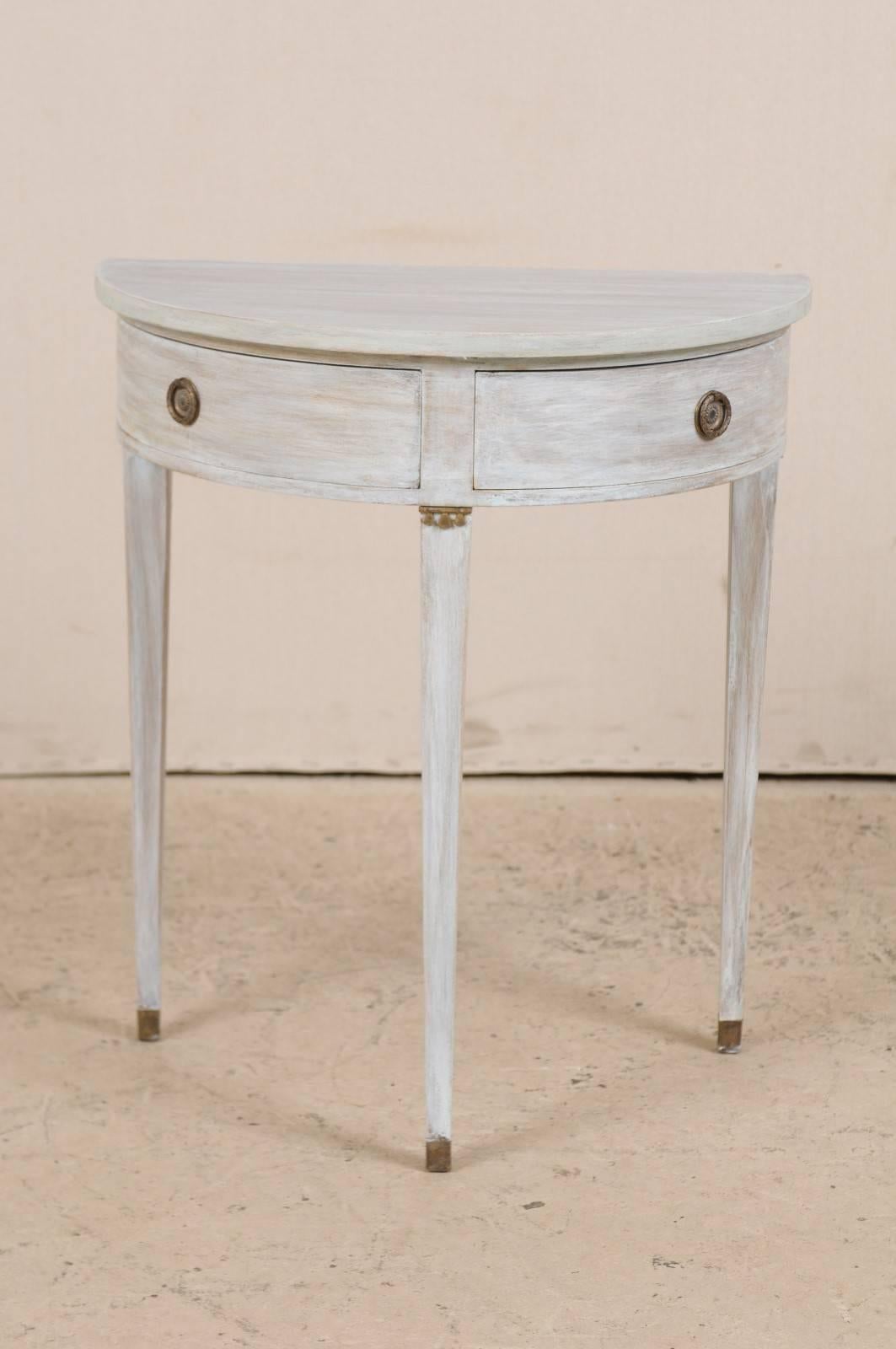 Scandinavian Modern Swedish Pale Blue Painted Demilune Table with Two Drawers & Three Tapered Legs