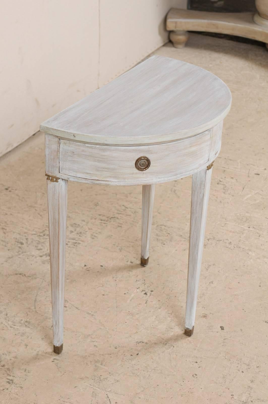 Carved Swedish Pale Blue Painted Demilune Table with Two Drawers & Three Tapered Legs