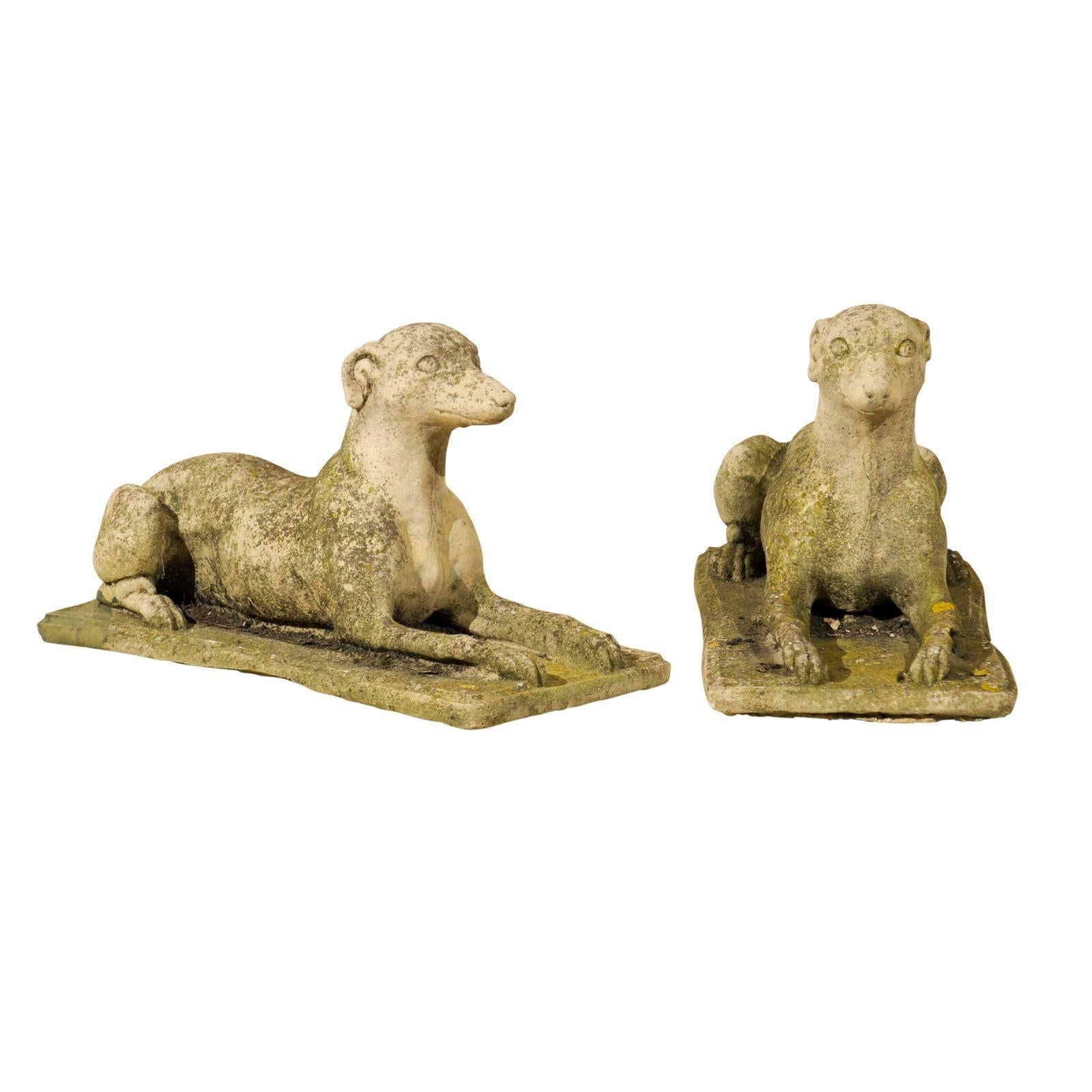 A Pair of Italian Cast Stone Medium Sized Greyhound Statues