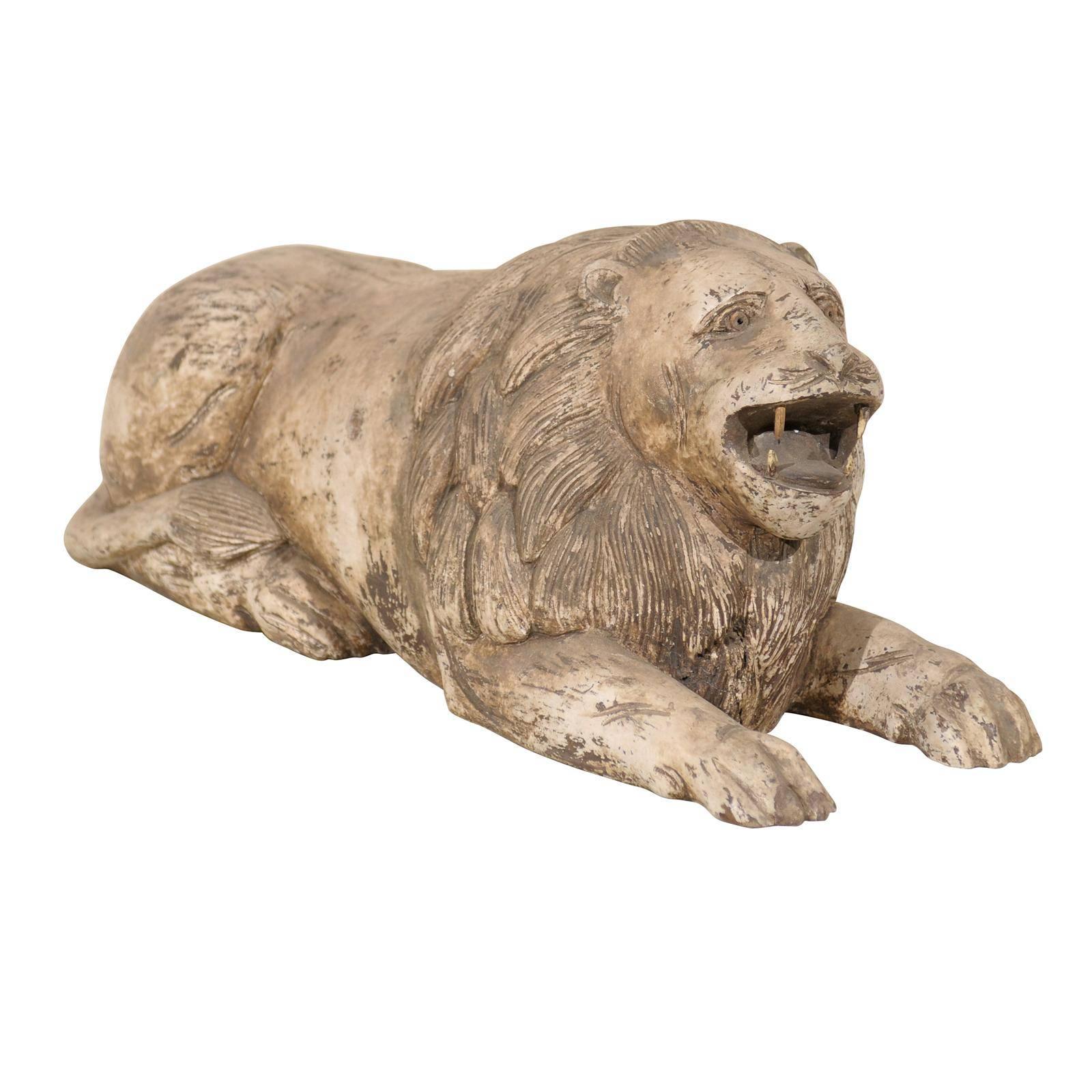 Carved Wood Roaring Lion from the Early 20th Century