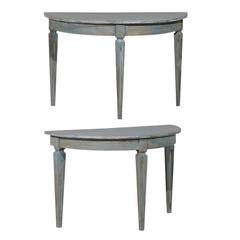 Pair of Swedish Demi-Lune Tables in Blue Color with Tapered and Fluted Legs
