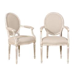 Pair of French Louis XVI Style Oval Back Painted Wood Armchairs, New Upholstery 2