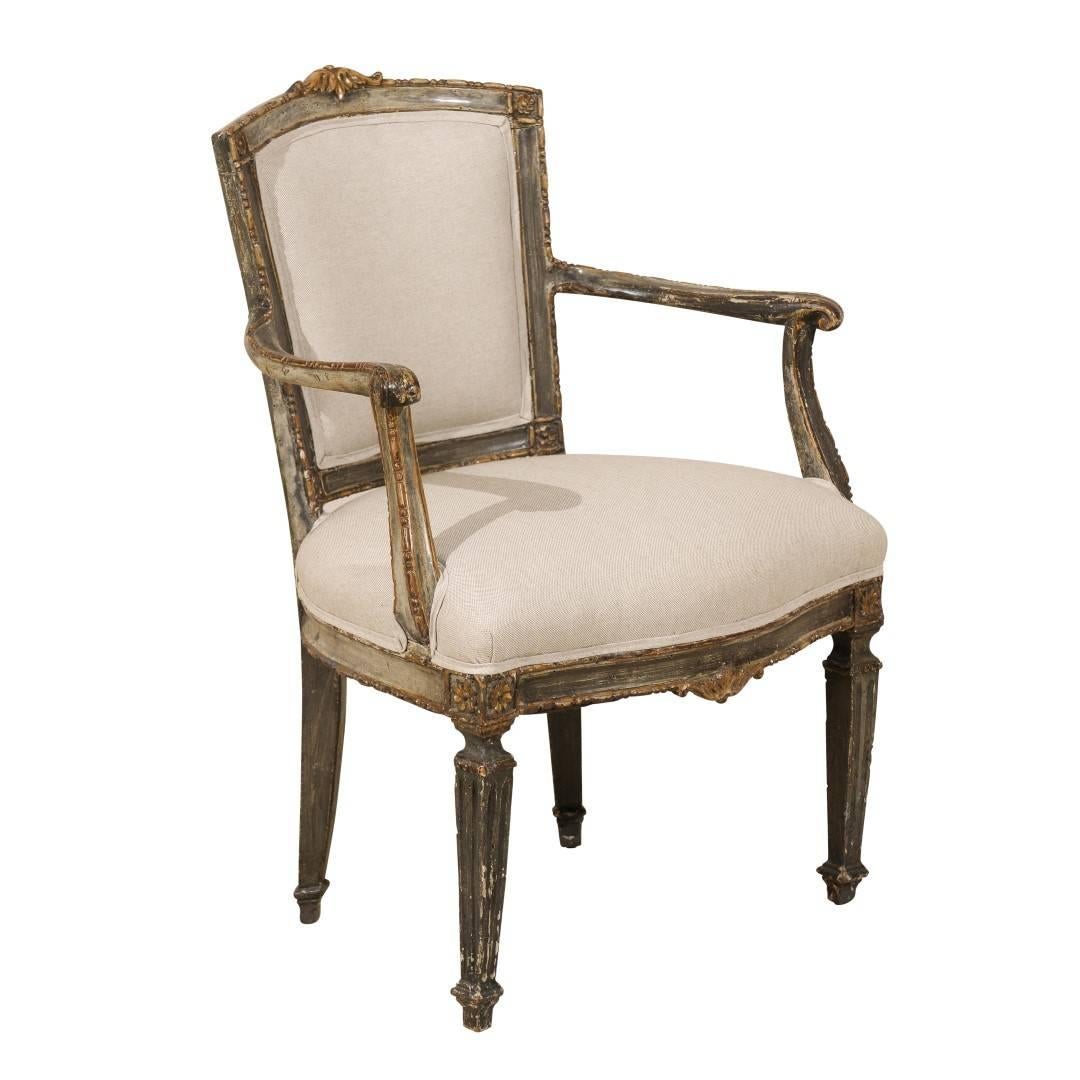 Single Italian Armchair with Richly Carved Wood Details in Brown/Green Color