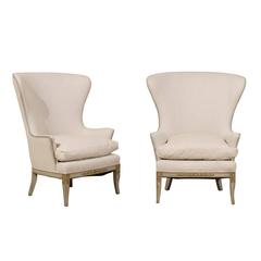 Pair of Painted Wood Wingback Chairs with Carved Details and New Upholstery