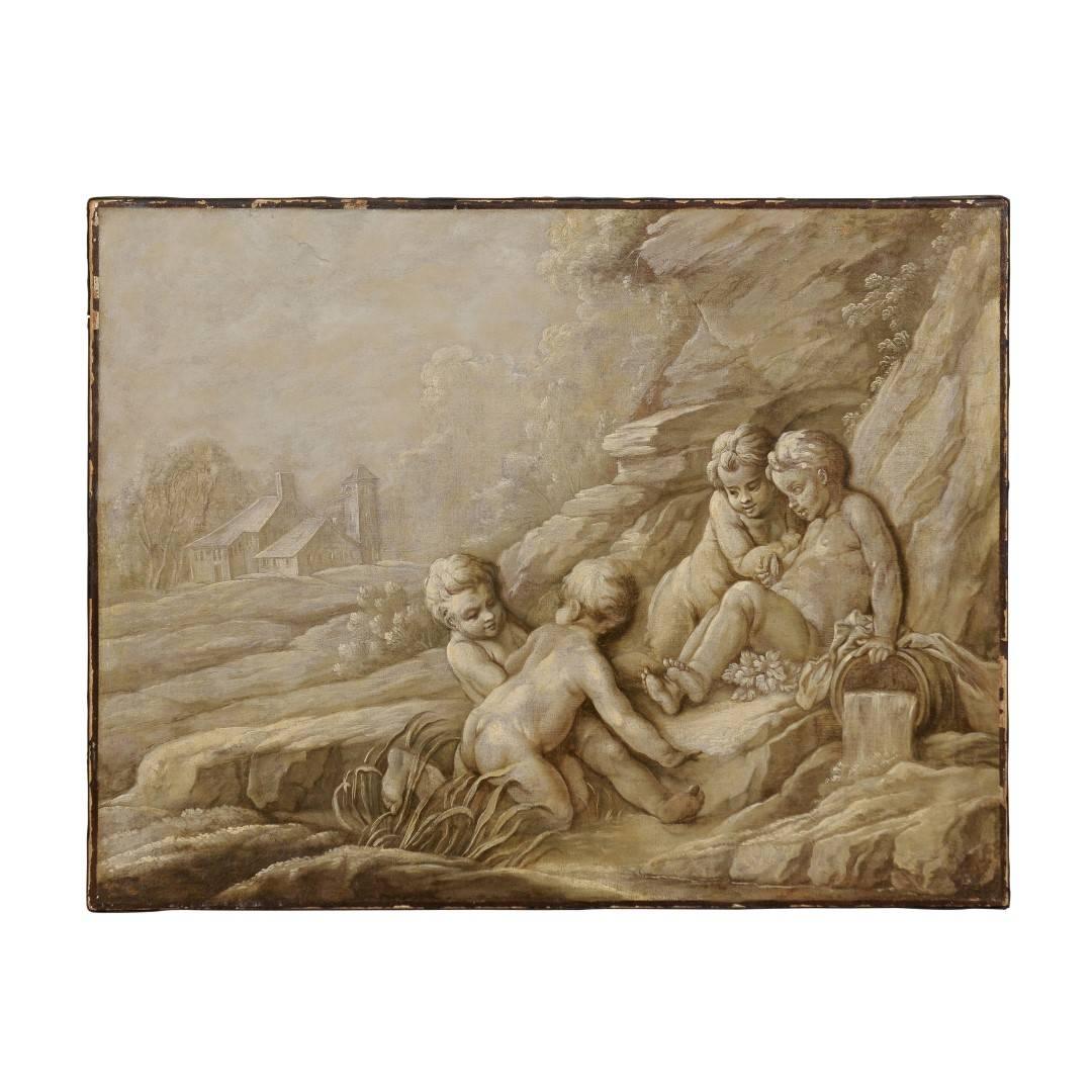 A Swedish grisaille style painting of putti from the 20th century. In this medium size Swedish monochrome painting careful attention is paid to composition, balance, harmony and tone. The figures in the foreground appear almost three-dimensional and
